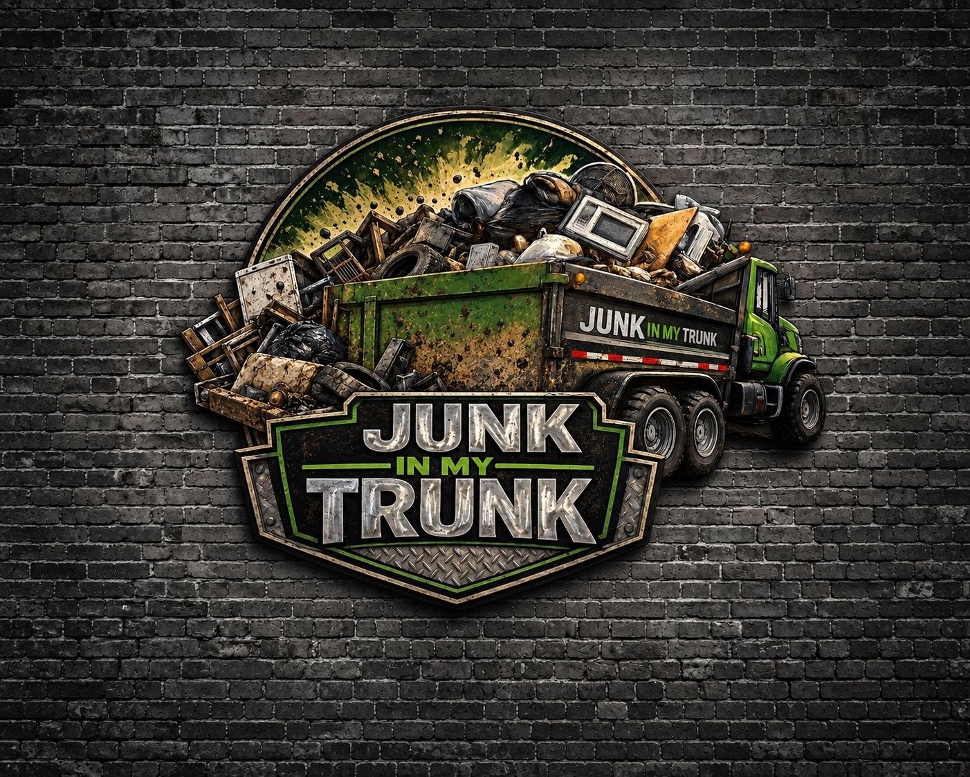 Junk In My Trunk junk removal logo with green dump truck
